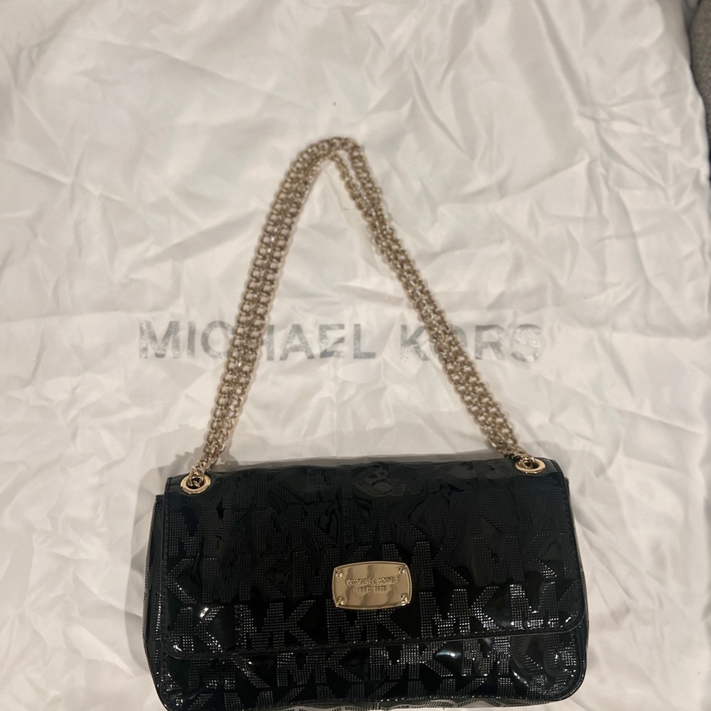 Michael Kors Black Patent Shoulder Bag with Gold Chain